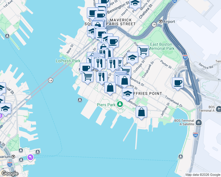 map of restaurants, bars, coffee shops, grocery stores, and more near 16 Cottage Street in Boston