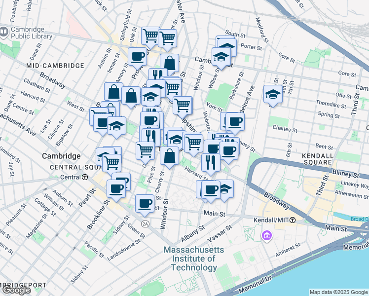 map of restaurants, bars, coffee shops, grocery stores, and more near 237 1/2 Broadway in Cambridge
