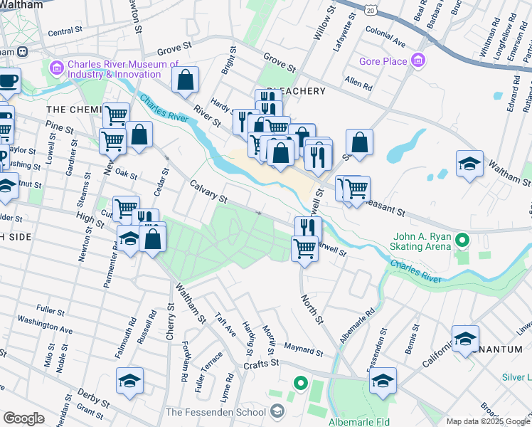 map of restaurants, bars, coffee shops, grocery stores, and more near 224 Calvary Street in Waltham