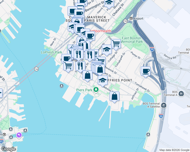 map of restaurants, bars, coffee shops, grocery stores, and more near 16 Cottage Street in Boston