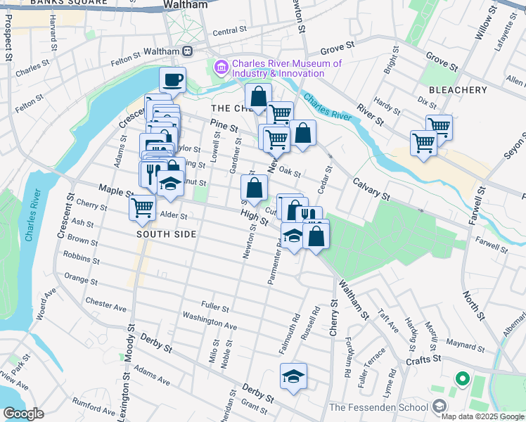 map of restaurants, bars, coffee shops, grocery stores, and more near 15 Clinton Street in Waltham