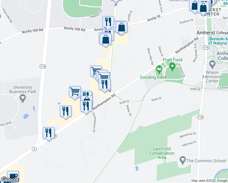 map of restaurants, bars, coffee shops, grocery stores, and more near 190 University Drive in Amherst