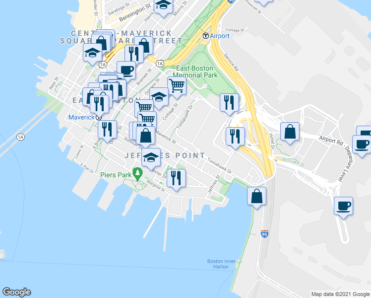 map of restaurants, bars, coffee shops, grocery stores, and more near Maverick Street & Lamson Street in Boston