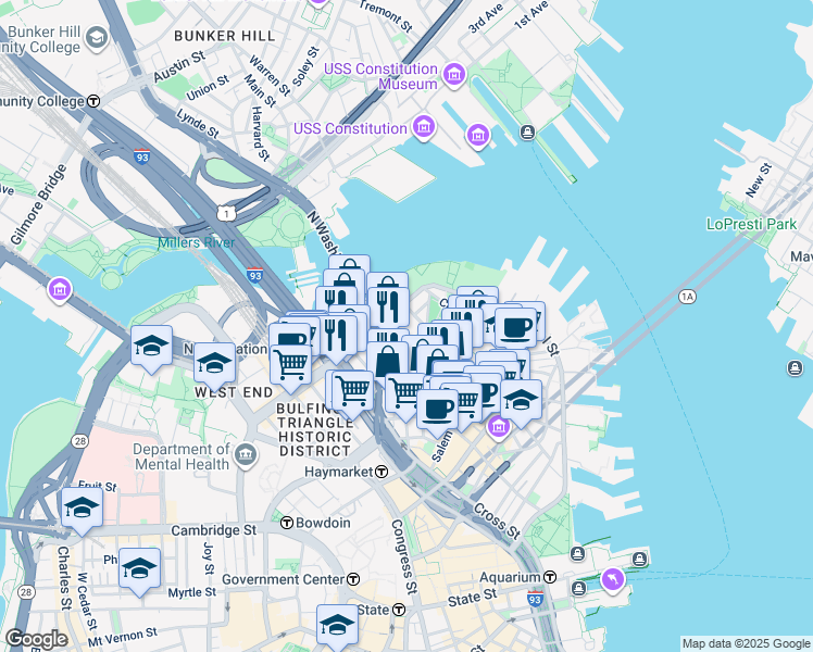 map of restaurants, bars, coffee shops, grocery stores, and more near 600 Commercial Street in Boston