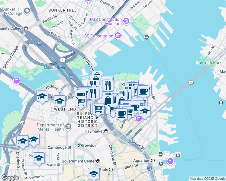 map of restaurants, bars, coffee shops, grocery stores, and more near 600 Commercial Street in Boston