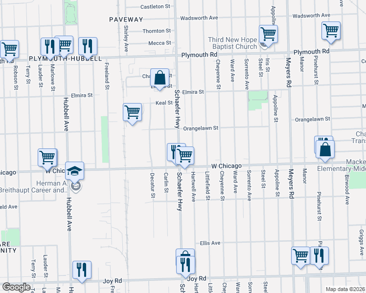 map of restaurants, bars, coffee shops, grocery stores, and more near 9611 Schaefer Highway in Detroit