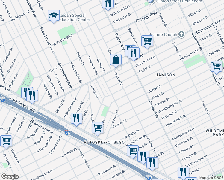 map of restaurants, bars, coffee shops, grocery stores, and more near 4037 Taylor Street in Detroit