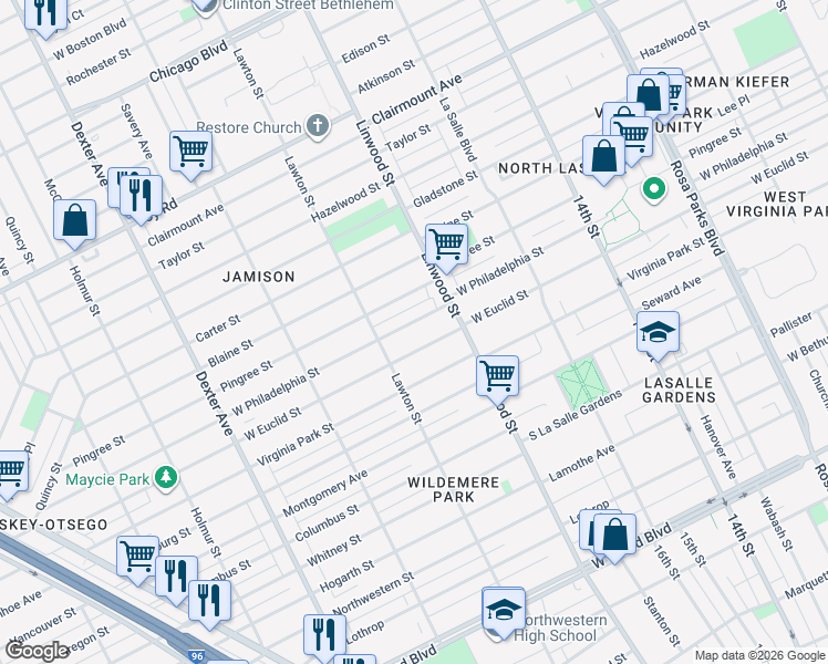 map of restaurants, bars, coffee shops, grocery stores, and more near 2659 West Philadelphia Street in Detroit