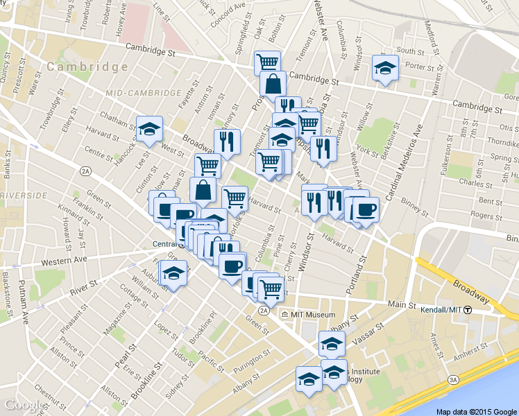 map of restaurants, bars, coffee shops, grocery stores, and more near 14 Elm Street in Cambridge