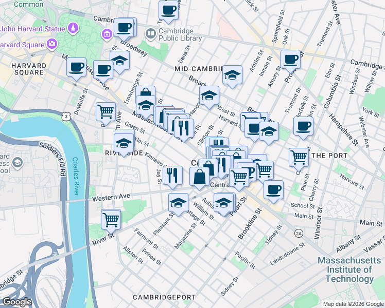 map of restaurants, bars, coffee shops, grocery stores, and more near 864 Massachusetts Avenue in Cambridge
