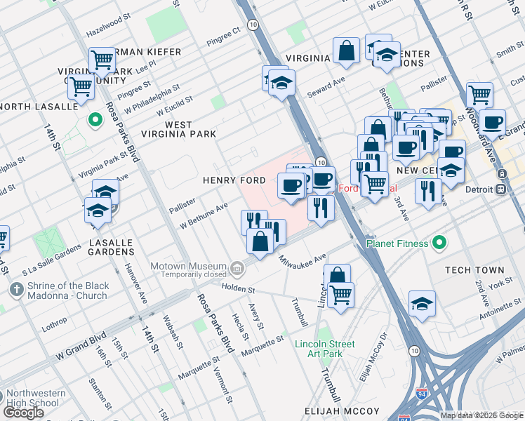 map of restaurants, bars, coffee shops, grocery stores, and more near 2799 West Grand Boulevard in Detroit