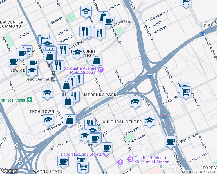 map of restaurants, bars, coffee shops, grocery stores, and more near 456 Harper Avenue in Detroit