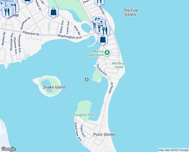 map of restaurants, bars, coffee shops, grocery stores, and more near 711 Shirley Street in Winthrop