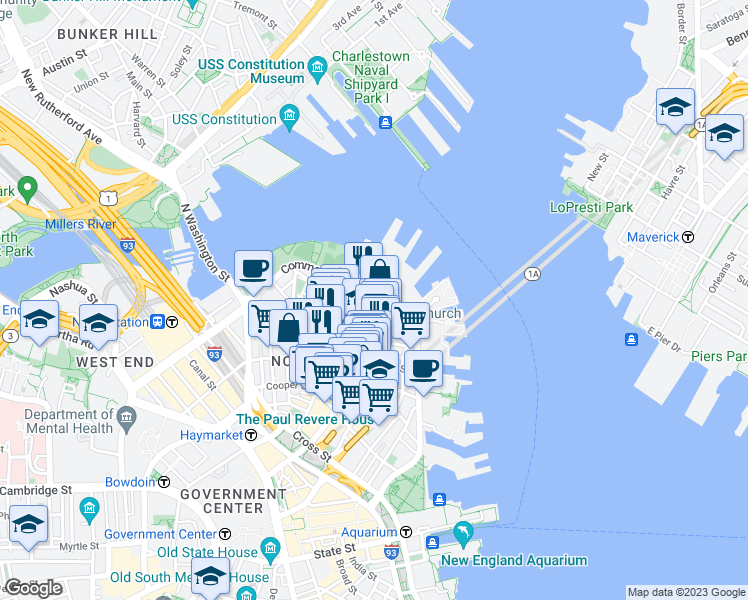 map of restaurants, bars, coffee shops, grocery stores, and more near 438 Commercial Street in Boston