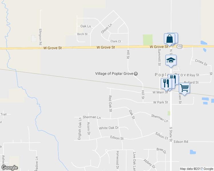 map of restaurants, bars, coffee shops, grocery stores, and more near 360 West Main Street in Poplar Grove