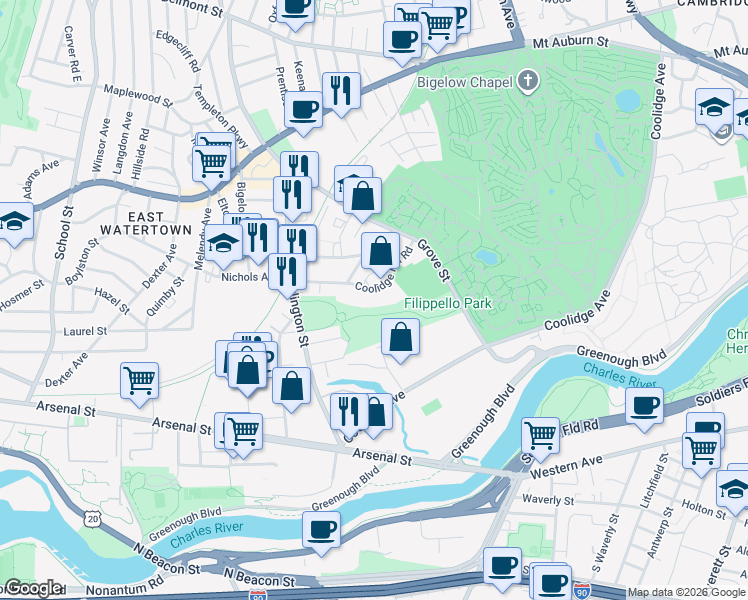 map of restaurants, bars, coffee shops, grocery stores, and more near 77 Coolidge Hill Road in Watertown