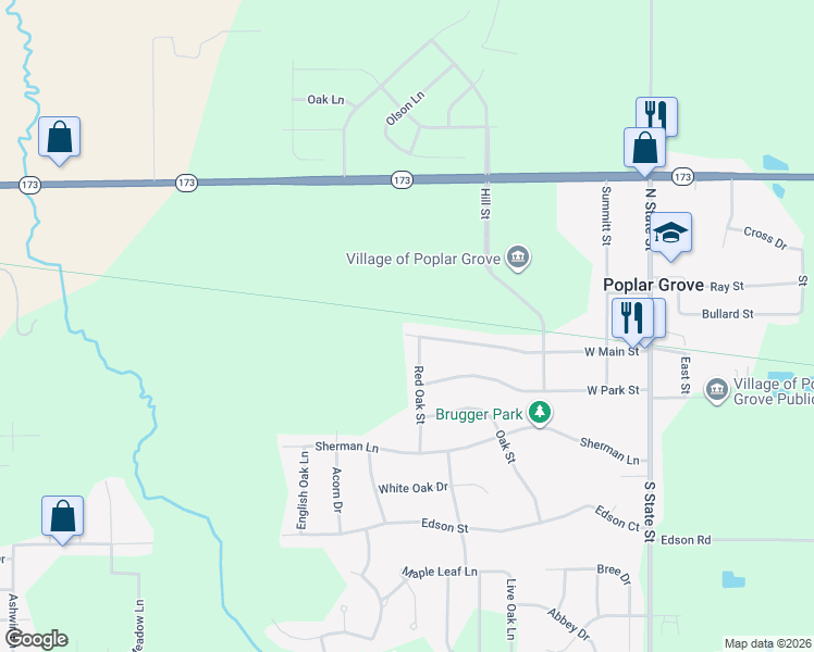 map of restaurants, bars, coffee shops, grocery stores, and more near 360 West Main Street in Poplar Grove