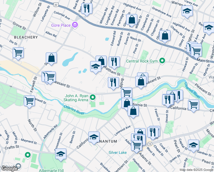 map of restaurants, bars, coffee shops, grocery stores, and more near 40 Green River Way in Watertown