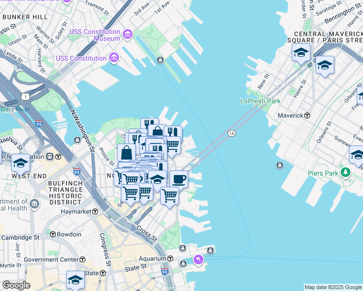 map of restaurants, bars, coffee shops, grocery stores, and more near 3 Battery Wharf in Boston