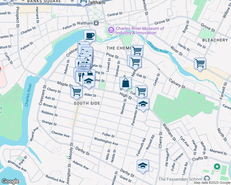 map of restaurants, bars, coffee shops, grocery stores, and more near 93 High Street in Waltham