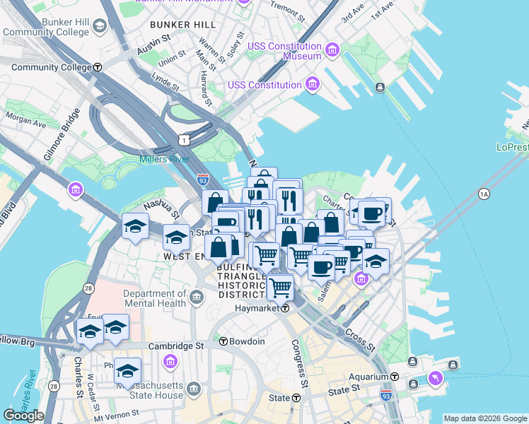 map of restaurants, bars, coffee shops, grocery stores, and more near 160-170 North Washington Street in Boston