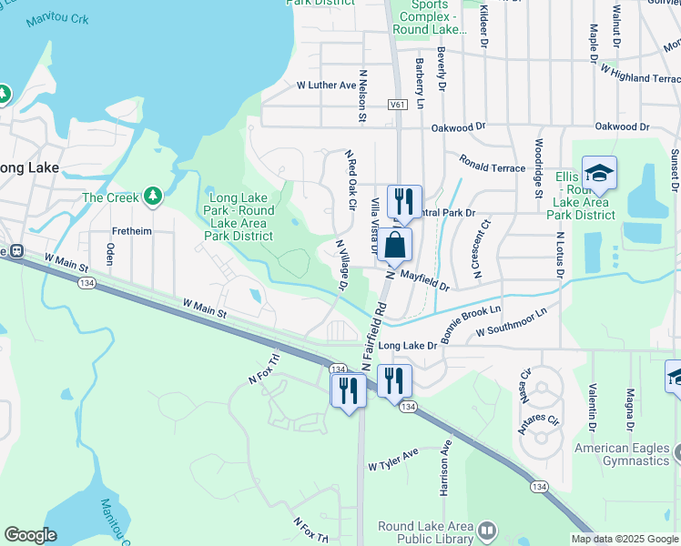 map of restaurants, bars, coffee shops, grocery stores, and more near 1053 North Village Drive in Round Lake Beach
