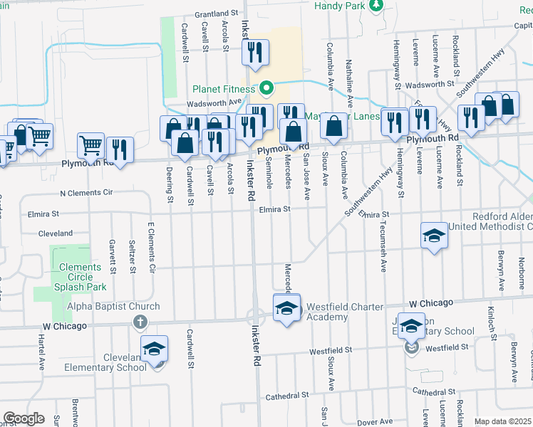 map of restaurants, bars, coffee shops, grocery stores, and more near 10059 Seminole in Redford Charter Township