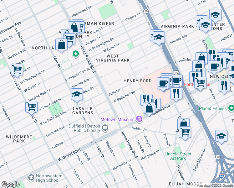 map of restaurants, bars, coffee shops, grocery stores, and more near 1707 Pallister in Detroit
