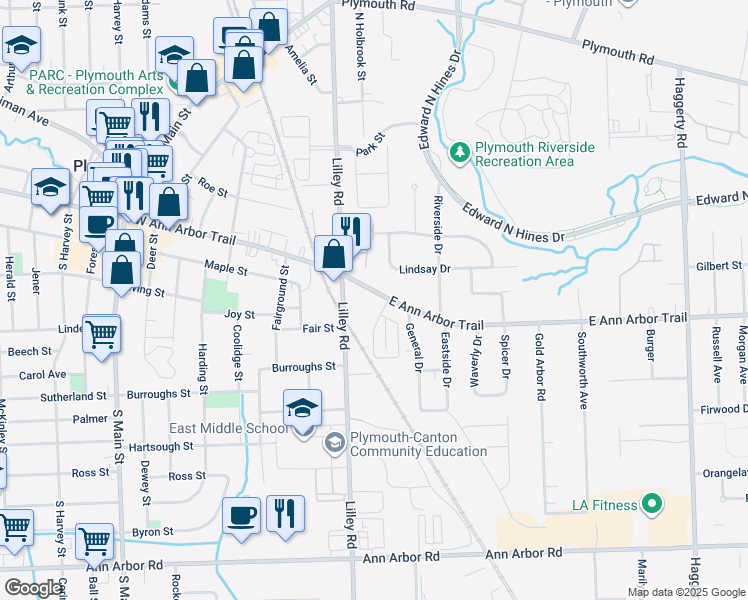 map of restaurants, bars, coffee shops, grocery stores, and more near 233 East Ann Arbor Trail in Plymouth
