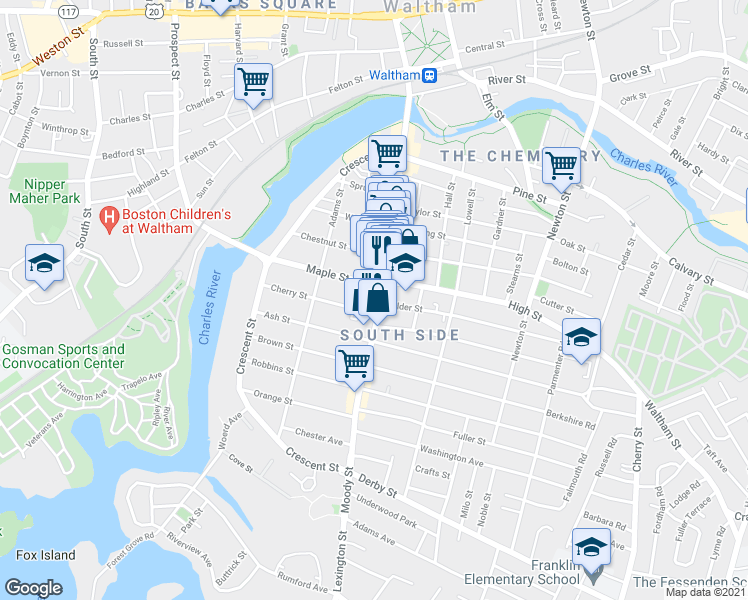 map of restaurants, bars, coffee shops, grocery stores, and more near 533 Moody Street in Waltham