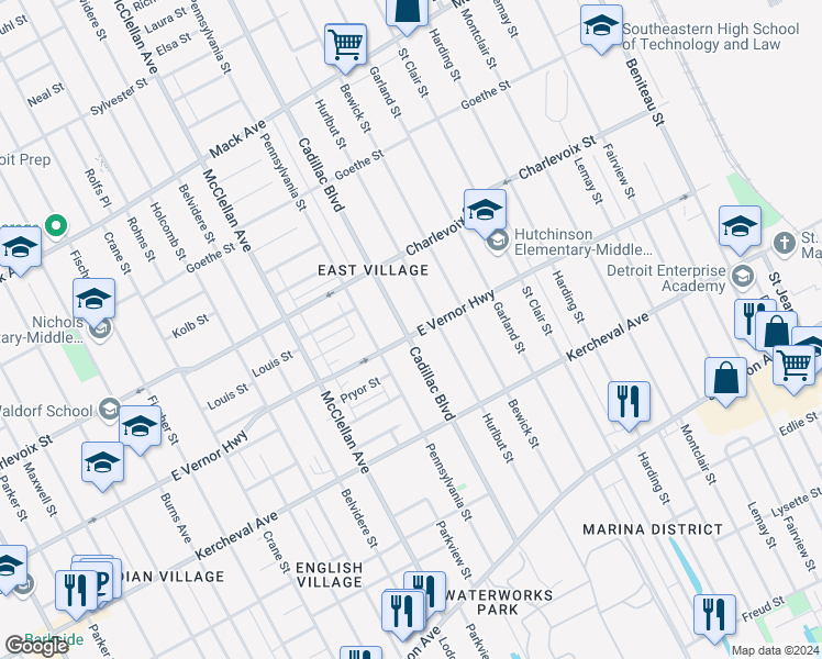 map of restaurants, bars, coffee shops, grocery stores, and more near 2506 Cadillac Boulevard in Detroit