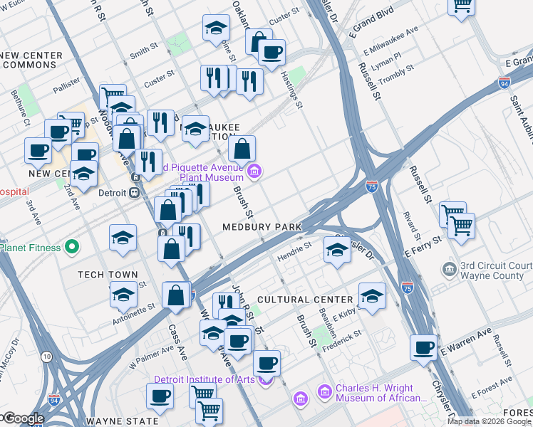 map of restaurants, bars, coffee shops, grocery stores, and more near 456 Harper Avenue in Detroit