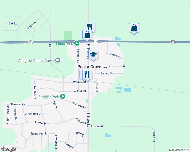 map of restaurants, bars, coffee shops, grocery stores, and more near 109 Bullard Street in Poplar Grove