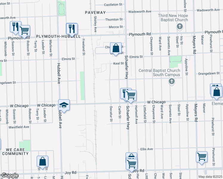 map of restaurants, bars, coffee shops, grocery stores, and more near 9596 Decatur Street in Detroit