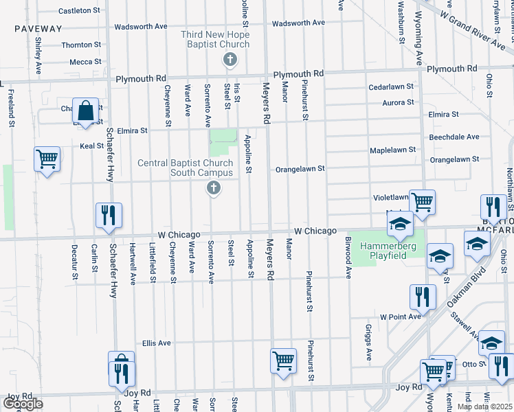 map of restaurants, bars, coffee shops, grocery stores, and more near 9580 Appoline Street in Detroit