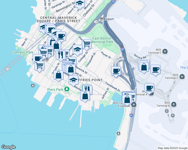 map of restaurants, bars, coffee shops, grocery stores, and more near 214-220 Tomahawk Drive in Boston