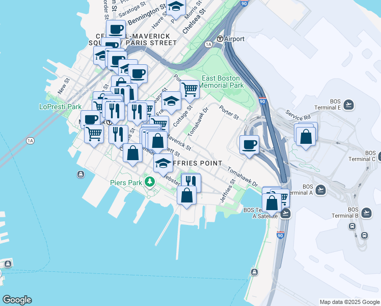 map of restaurants, bars, coffee shops, grocery stores, and more near 296 Maverick Street in Boston