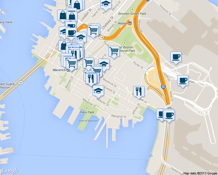 map of restaurants, bars, coffee shops, grocery stores, and more near 98 Everett Street in Boston