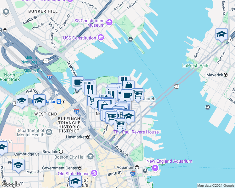 map of restaurants, bars, coffee shops, grocery stores, and more near in Boston
