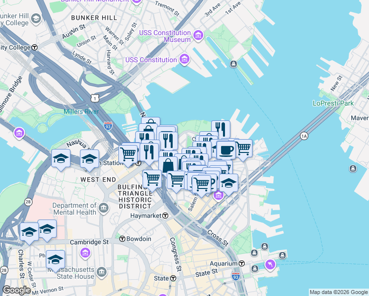 map of restaurants, bars, coffee shops, grocery stores, and more near 50 Snow Hill Street in Boston