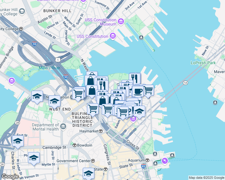 map of restaurants, bars, coffee shops, grocery stores, and more near 50 Snow Hill Street in Boston