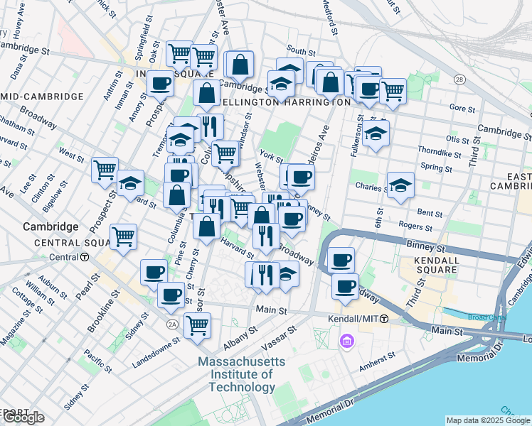 map of restaurants, bars, coffee shops, grocery stores, and more near 33 Webster Avenue in Cambridge