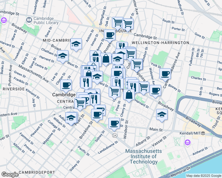 map of restaurants, bars, coffee shops, grocery stores, and more near 14 Elm Street in Cambridge
