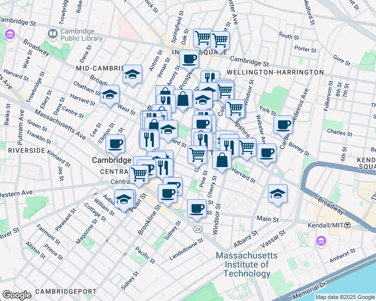 map of restaurants, bars, coffee shops, grocery stores, and more near 14 Elm Street in Cambridge
