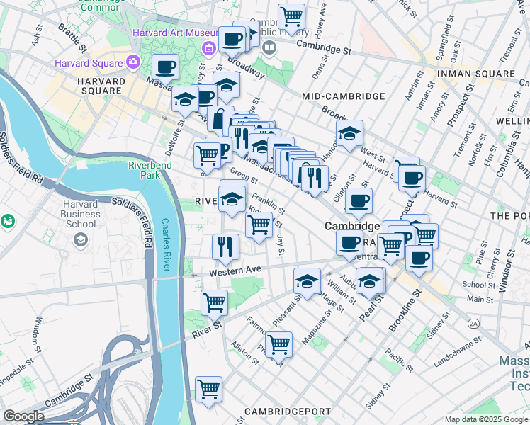map of restaurants, bars, coffee shops, grocery stores, and more near 488 Franklin Street in Cambridge