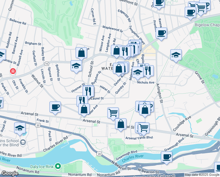 map of restaurants, bars, coffee shops, grocery stores, and more near 18 Fairfield Street in Watertown