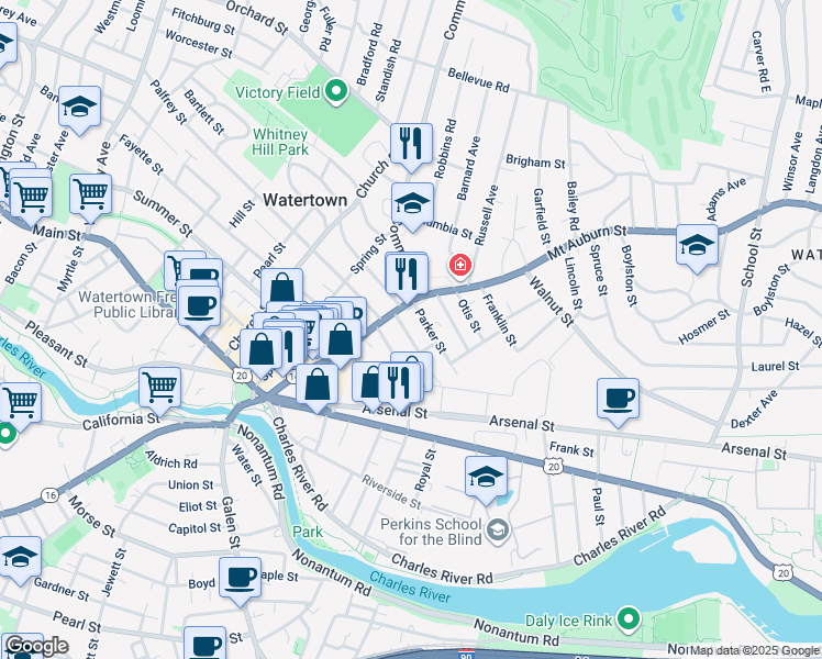 map of restaurants, bars, coffee shops, grocery stores, and more near 16 Parker Street in Watertown