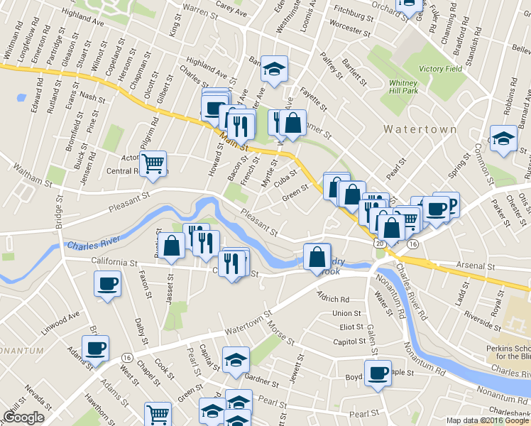 map of restaurants, bars, coffee shops, grocery stores, and more near 52 Green Street in Watertown