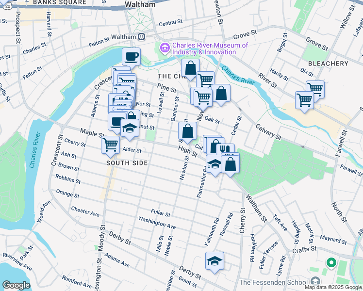 map of restaurants, bars, coffee shops, grocery stores, and more near 50 Stearns Street in Waltham