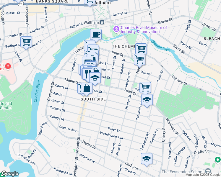 map of restaurants, bars, coffee shops, grocery stores, and more near 53 High Street in Waltham
